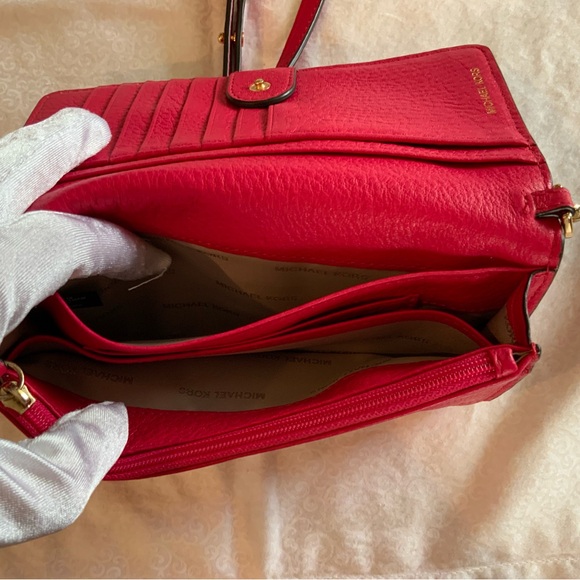 Michael Kors Floral Embellished Pebbled Leather Convertible Crossbody Bag Red - Picture 11 of 16